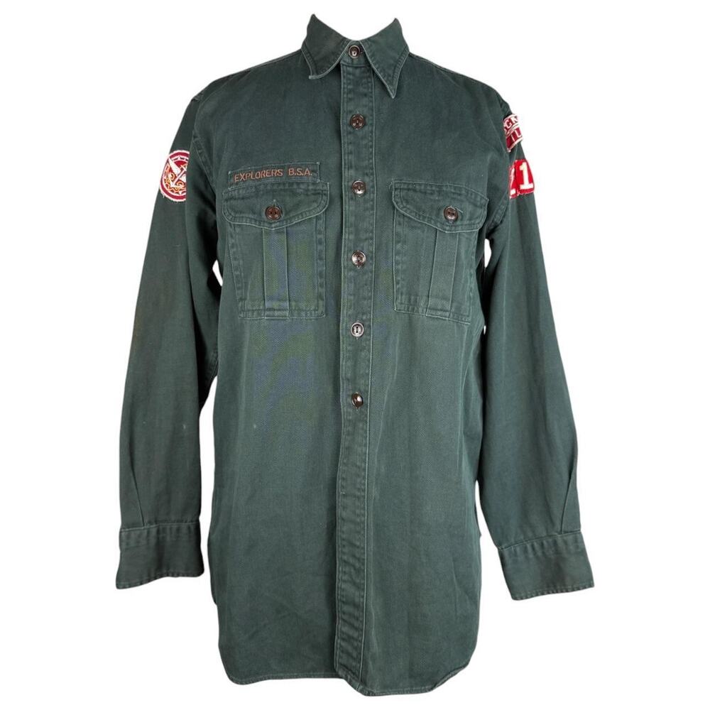 Vintage 80s Boy Scouts patchwork utility shirt military style green workwear